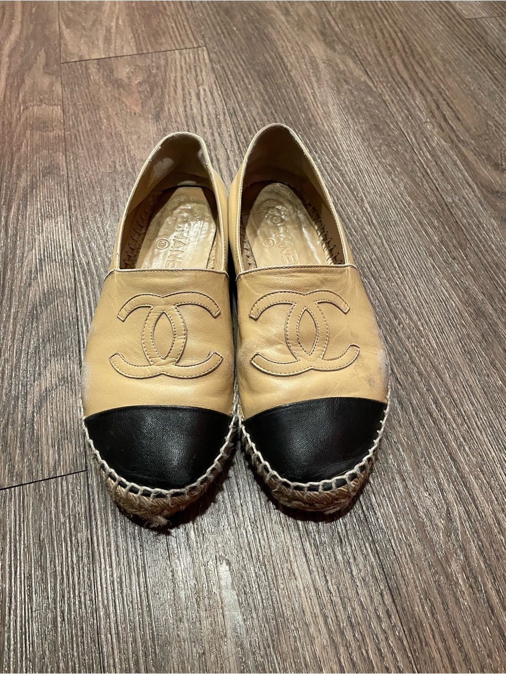 CHANEL Tan and Black Leather Espadrilles with CC Logo